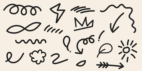 Hand drawn doodle sketch elements on light background. Abstract marker scribbles, arrows, symbols, squiggles, swirl and cartoon lines.