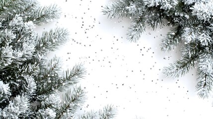 Obraz premium Snow-dusted pine branches adorned with shimmering glitter create a serene winter holiday composition