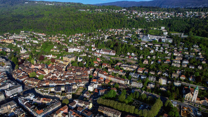 A panoramic aerial view around the old town of the city Biel/Bienne in Switzerland on a sunny...