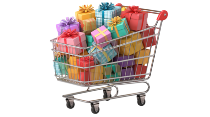 3D shopping cart filled with colorful boxes, isolated on transparent background, PNG 