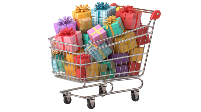 3D shopping cart filled with colorful boxes, isolated on transparent background, PNG 