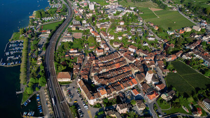 A panoramic aerial view around the old town of the city La Neuveville in Switzerland on a sunny...