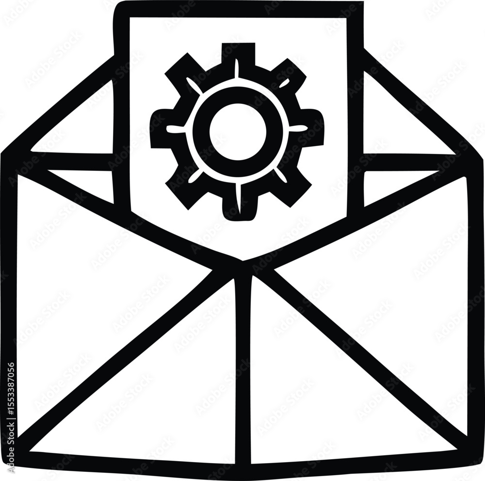 Poster stylized black and white illustration of an open envelope with a gear symbol on a document inside re