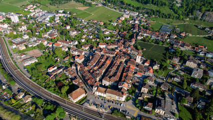 A panoramic aerial view around the old town of the city La Neuveville in Switzerland on a sunny...