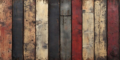 A close-up view of vertically arranged wooden planks showcasing a rustic, weathered texture with varying natural colors and grains