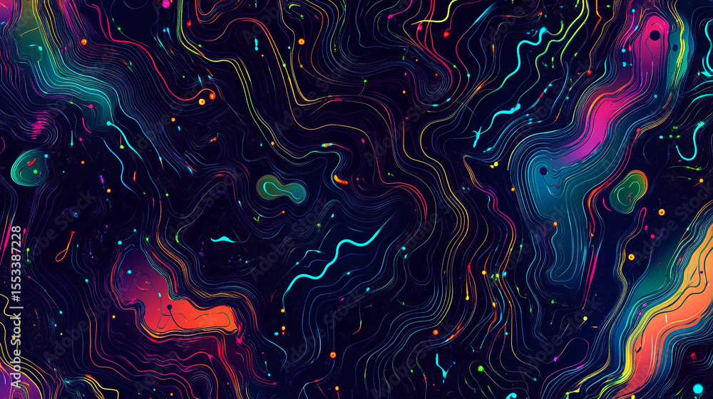 Poster a vibrant pattern of glowing neon curves and lines creates an intricate, circuit-like design in a mu