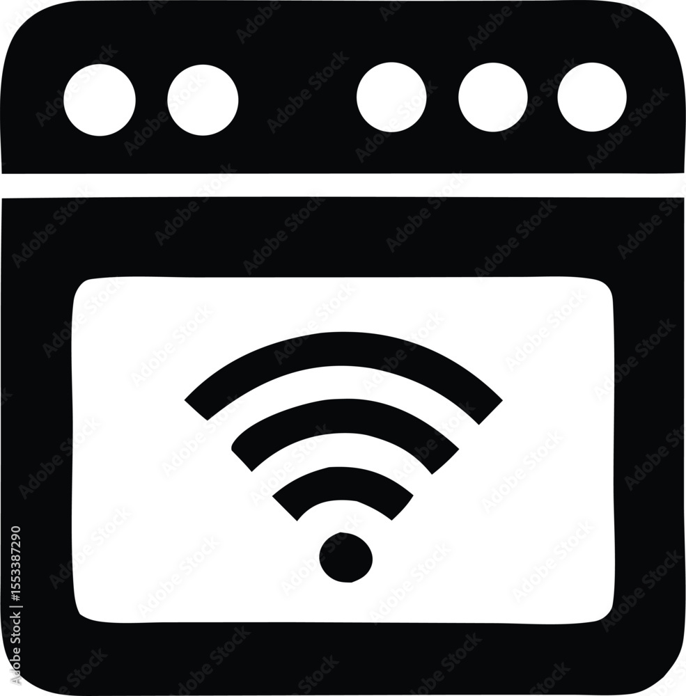 Poster simple black and white icon representing a smart oven with a wi fi signal displayed on its screen