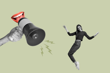 3d sketch poster trend art collage image of mouth talk megaphone announce agitation protest...