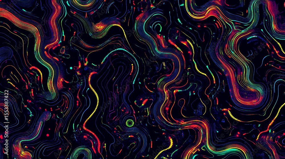 Poster A vibrant pattern of glowing neon curves and lines creates an intricate, circuit-like design in a multitude of colors.