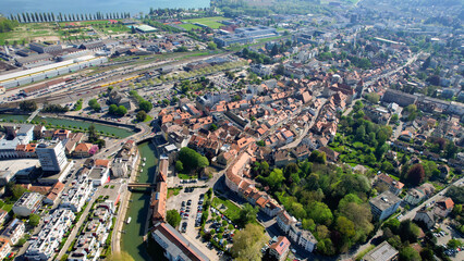 A panoramic aerial view around the old town of the city Yverdon-les-Bains in Switzerland on a sunny...