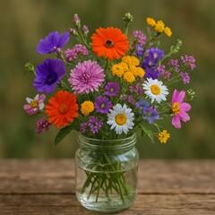 Village scenes, Colorful Wildflower Bouquet in Glass Jar