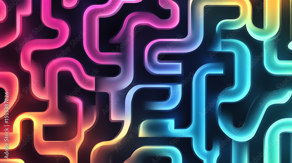 Poster a vibrant pattern of glowing neon curves and lines creates an intricate, circuit-like design in a mu