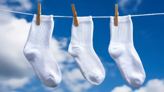 Three White Socks Drying on Clothesline Against Blue Sky - Three white socks hang from a clothesline on wooden clothespins against a vibrant blue sky with fluffy white clouds.