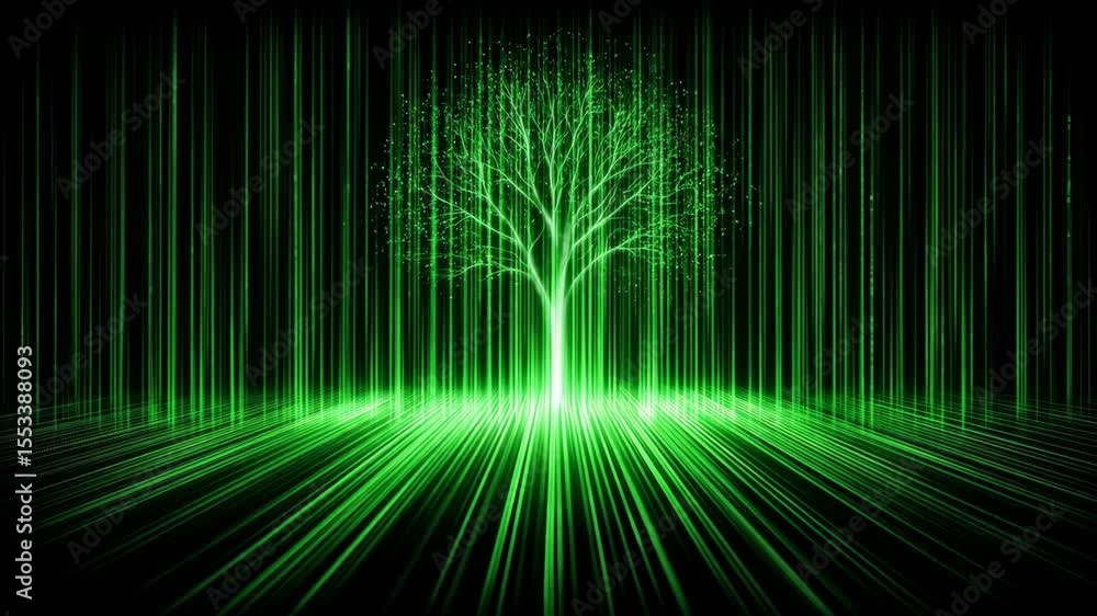 Poster glowing green digital tree in data stream - a stylized, glowing green tree stands at the center of a