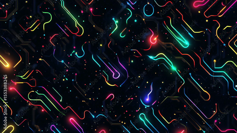 Poster a vibrant pattern of glowing neon curves and lines creates an intricate, circuit-like design in a mu