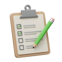 3D Render of Checklist Clipboard with Green Pencil – Task Management and To-Do List Planning, Isolated on White or Transparent Background