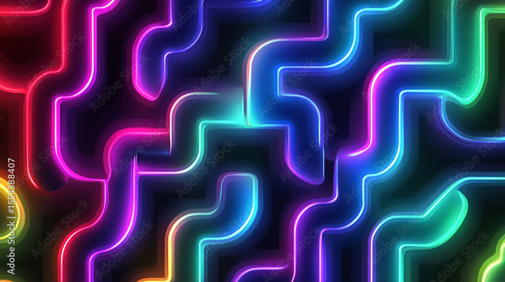 Poster a vibrant pattern of glowing neon curves and lines creates an intricate, circuit-like design in a mu
