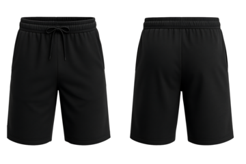 Black athletic shorts front and back view isolated on transparent background