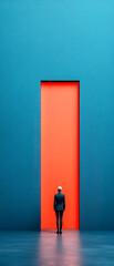 Obraz premium A lone person in a suit stands before a tall, narrow red doorway set in a vast blue wall, symbolizing opportunity or challenge.