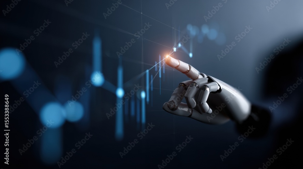 Poster robotic hand interacts with digital financial graph, symbolizing advanced technology in data analysi