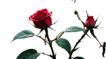 Elegant red rose bloom with buds and leaves against a dark background