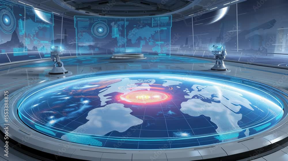 Aufkleber futuristic control room with a digital map and high-tech interfaces.