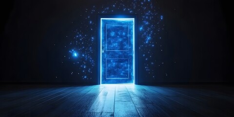 Mysterious Blue Glowing Door with Cosmic Effects in Dark Room