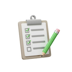 3D Render of Checklist Clipboard with Green Pencil – Task Management and To-Do List Planning, Isolated on White or Transparent Background