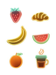 Neon-outlined fruits and pastries