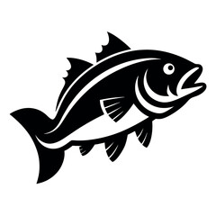 Black and White Fish Icon Illustration with Fins, Tail, and Open Mouth Design