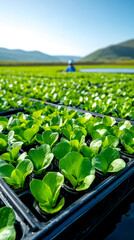 Young lettuce plants growing in trays outdoors with mountains and a blue sky in the background.