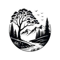 Nature Landscape Logo Design – Mountain, River & Pine Tree Scene in Circle Badge Style

