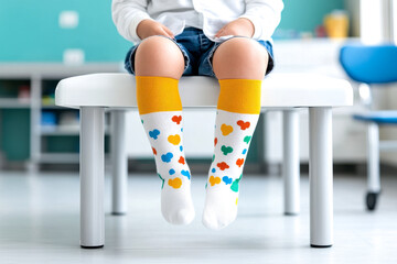 A child sits on a white bench wearing colorful socks with heart patterns and rolled-up denim shorts in a bright, modern indoor setting.