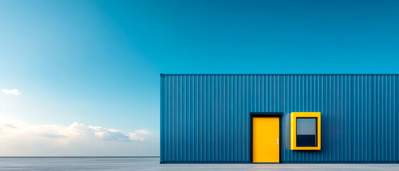 A minimalist blue building with a yellow door and window frame stands against a vast sky and calm sea horizon.