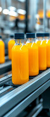 Bottles filled with orange juice move along a production line in a clean, modern bottling facility.