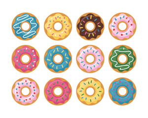 Fototapeta premium Colorful Cartoon Donuts with Various Frosting and Sprinkles Arranged on White Background