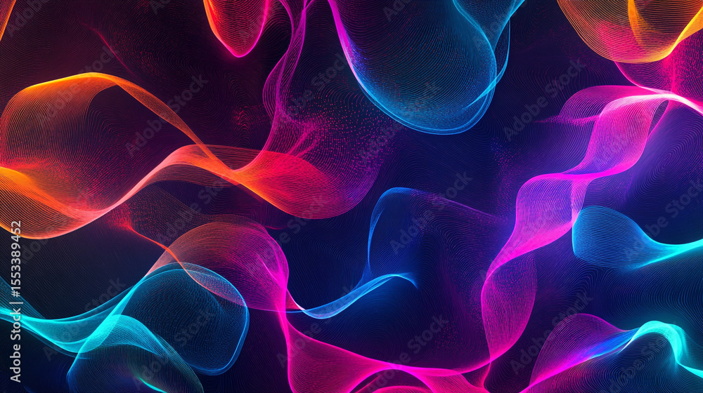 Poster a vibrant pattern of glowing neon curves and lines creates an intricate, circuit-like design in a mu