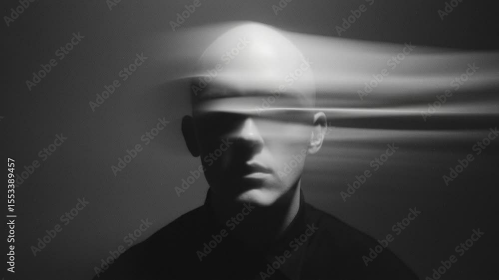 Poster bald figure with blurred motion creating an ethereal effect generative ai
