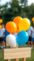 A cluster of colorful balloons in orange, yellow, blue, and white is tied to a wooden sign outdoors, with blurred people and greenery in the background.