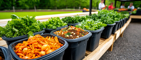 Outdoor market display featuring fresh leafy greens and various organic vegetables in black containers on wooden tables.