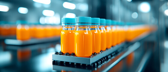 Bottles of orange juice neatly lined up on a conveyor belt in a modern, automated production facility.