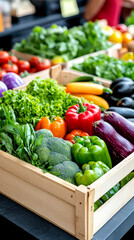 A wooden crate filled with fresh, colorful vegetables including bell peppers, broccoli, eggplants, leafy greens, and carrots at a market or store display.