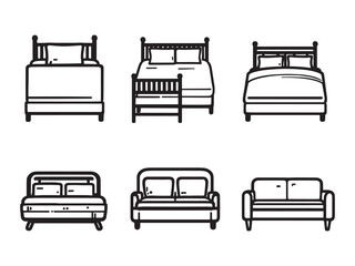 Elegant black and white outline drawing of bed