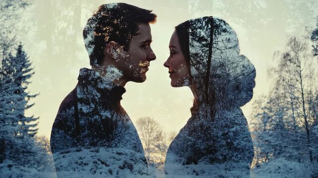 Couple embracing in snow during winter solstice celebration.
