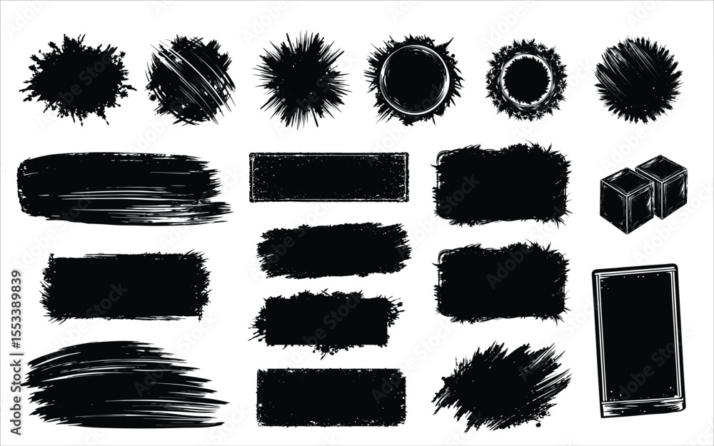 Poster collection of grunge ink splatters brush strokes and abstract shapes for design elements isolated on