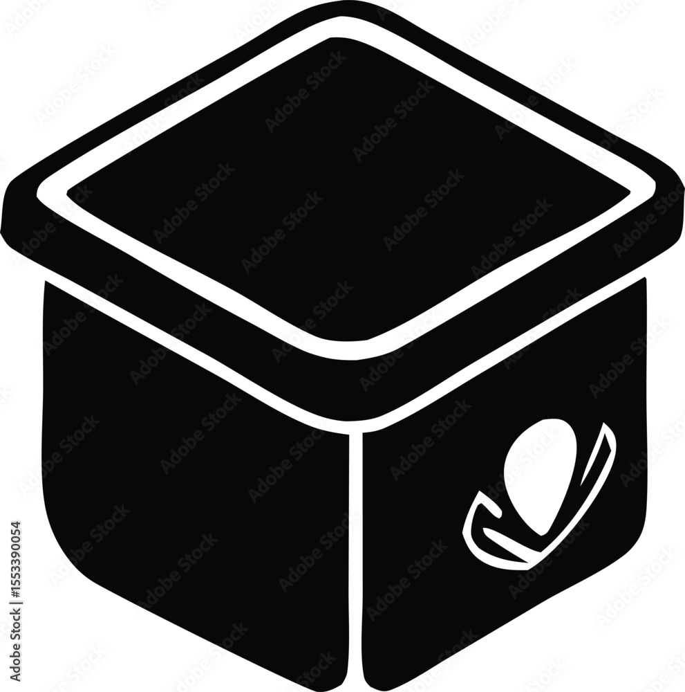 Poster stylized black isometric cube with a white outline and a unique white abstract symbol on its side