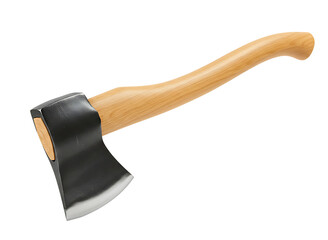 Sharp metal axe head with a polished wooden handle isolated on transparent background