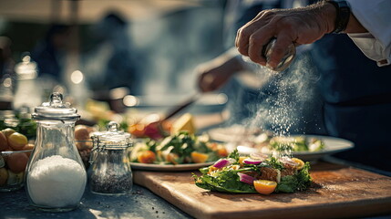 Chef preparing a fresh salad with colorful vegetables and herbs in a bustling outdoor kitchen at a sunny afternoon event Generative AI