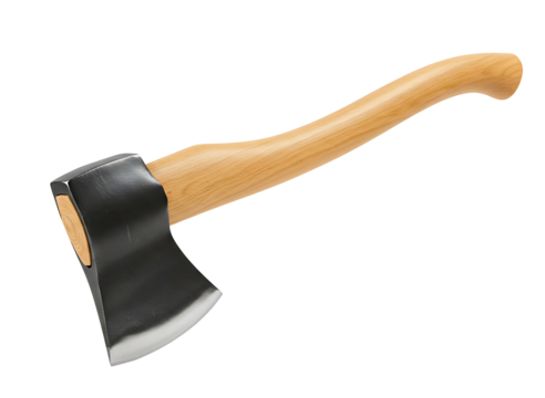 Sharp metal axe head with a polished wooden handle isolated on transparent background