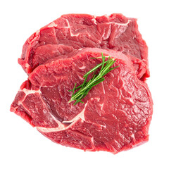 Close Up of Two Raw Beef Steaks with Sprig of Rosemary on Transparent Background